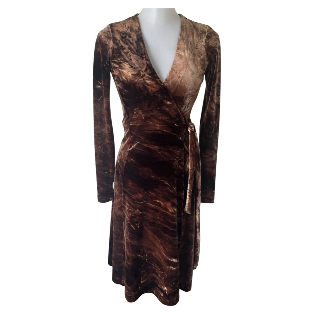 VTG 90s Betsy Johnson Velvet Tie Dye Wrap Midi Dress Size Petite Small Brown USA